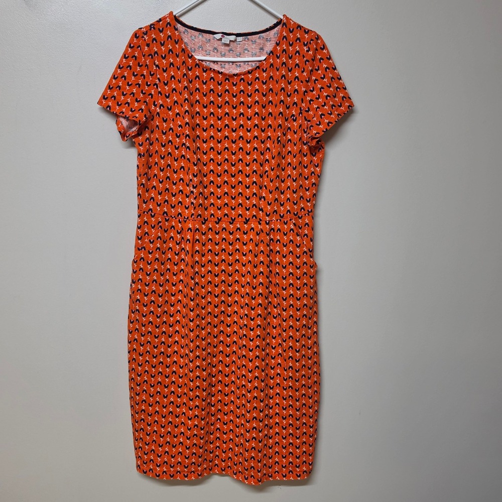 Boden Orange Floral Bud Jersey Short Sleeve‎ Pocket Dress US 12L UK 16L